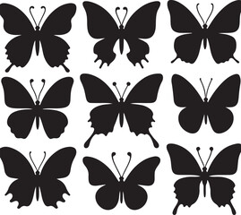 Simple flat silhouette butterflies illustration.
Black butterflies collection. Silhouettes, vector isolated on white background.