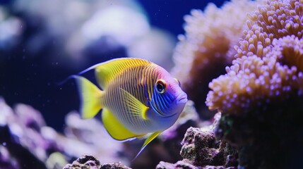 Vibrant yellow and blue tropical fish swimming near coral reef underwater