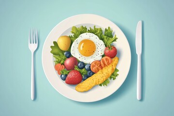 Egg, bacon, fruit and vegetable salad on white plate with fork and knife.