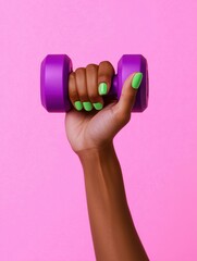 A hand with green nails holding a purple dumbbell against a pink background