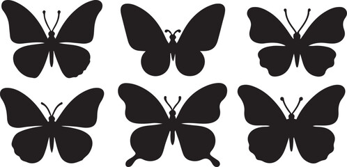 Simple flat silhouette butterflies illustration.
Black butterflies collection. Silhouettes, vector isolated on white background.