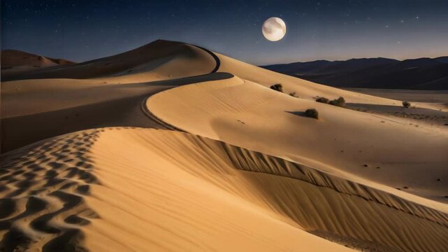 Night Desert Sandscape with Slow Movement Across Rolling Dunes