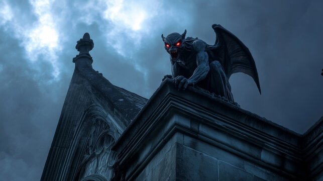 Menacing gargoyle with glowing red eyes on gothic architecture roof against spooky night sky - Powered by Adobe