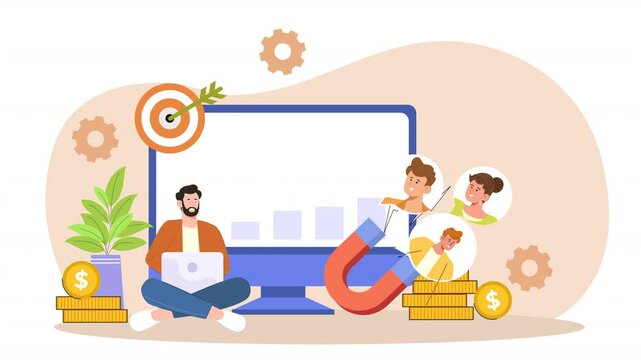 2D flat character scene animation depicting a character focusing on lead generation techniques, including social media engagement, email campaigns, and lead magnets to attract new clients.