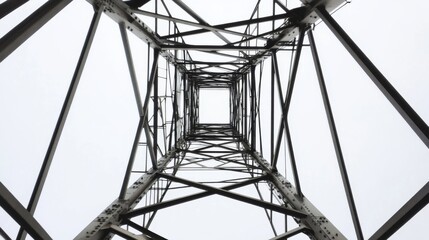 Symmetrical steel structure viewed from below with intricate metal framework