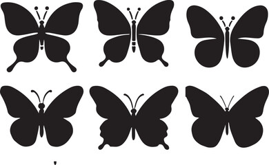 Simple flat silhouette butterflies illustration.
Black butterflies collection. Silhouettes, vector isolated on white background.