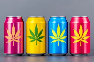 Collection of beverage cans with a cannabis theme