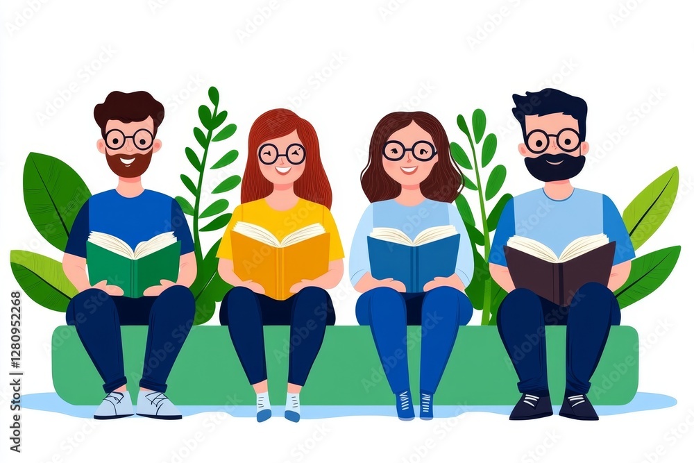 Poster collection of people reading or students studying and preparing for examination set of book lovers, 