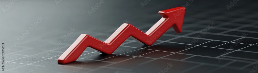Poster red arrow symbolizing growth and success on dark background of grids and lines in a business concept