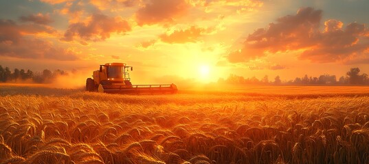 Fototapeta premium Sunset Wheat Harvesting with Combine Harvester in Golden Field design, Summer Agriculture Scene, Rural Farm Landscape design,