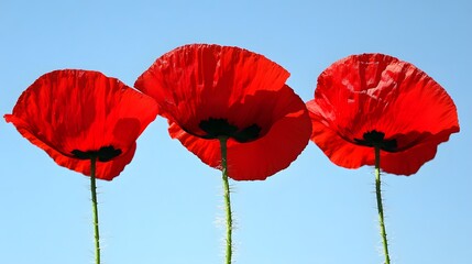 Three Vibrant Red Poppies Against Blue Sky
