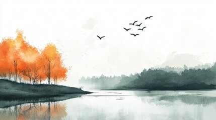 Watercolor Autumn Landscape with Trees and Foliage