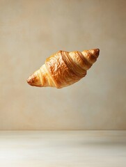 A crispy croissant floating in mid-air with a beige background