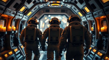 Obraz premium Astronauts walking inside futuristic spaceship with soft lighting and sci-fi atmosphere