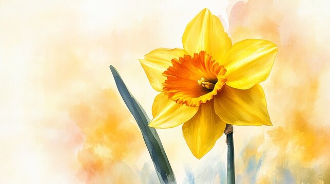 Watercolor illustration of blooming yellow daffodil. St. Davids Day greeting card. Spring, Womens Day or Mothers Day