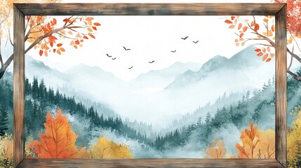 Watercolor Autumn Mountain Landscape Painting