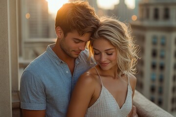 A couple embraces on a rooftop at sunset, enjoying a tender moment against the backdrop of a city skyline.