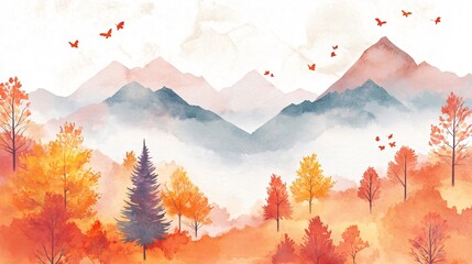 Watercolor Autumn Mountain Landscape Painting