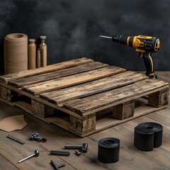 Pallet project with drill and hardware tools, set on a wood table.