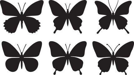 Simple flat silhouette butterflies illustration.
Black butterflies collection. Silhouettes, vector isolated on white background.