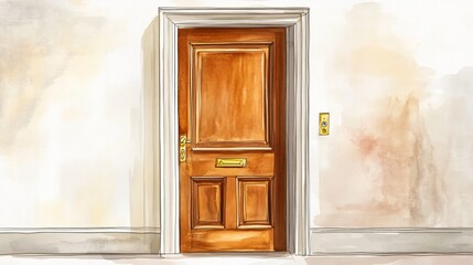 Watercolor Painting of Elegant Wooden Door Entrance