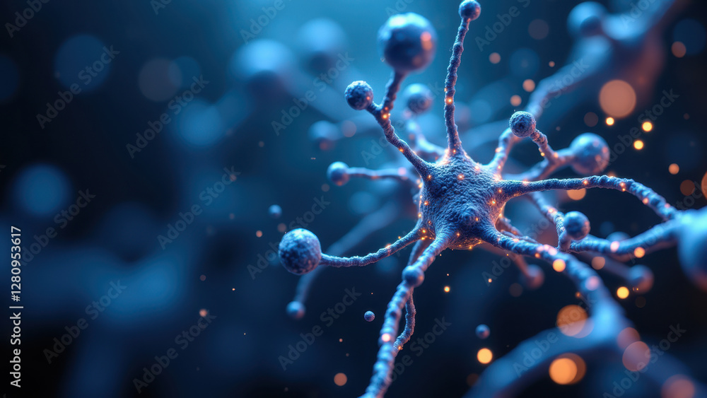 Poster a detailed microscopic image of a neuron with dendrites illuminated by orange glow.