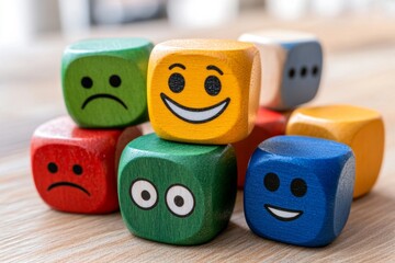 Colorful Wooden Blocks with Happy and Sad Faces art joy row toys mood