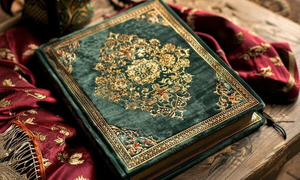 Ornate, green-gold book with intricate embroidered cover design on wooden table red fabric