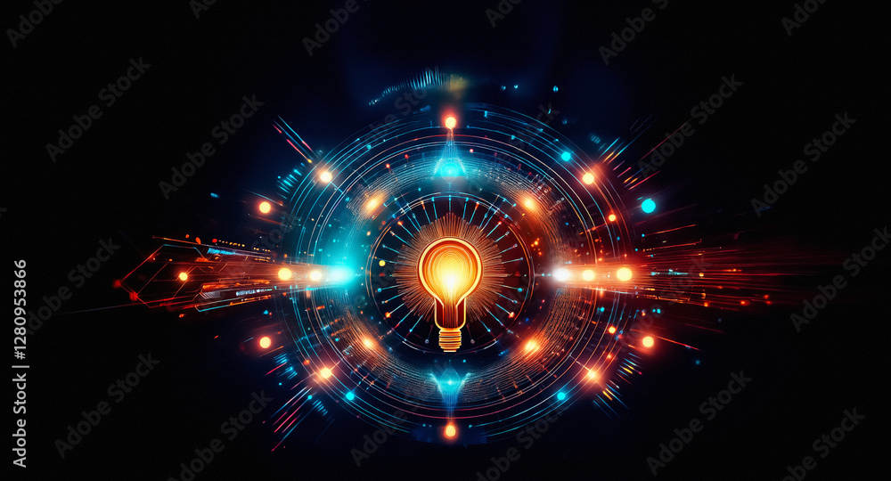 Poster a central glowing lightbulb radiates blue and orange circular patterns against a dark backdrop. abst