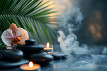 Calm atmosphere with stones, candles, and orchids in a tranquil setting for relaxation and mindfulness