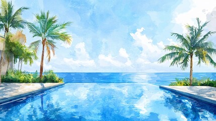 Watercolor Painting of an Infinity Pool with a Breathtaking Landscape View