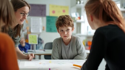 Obraz premium Autism research team observing a child鈥檚 response to interactive learning materials. Featuring educational tools and autism study