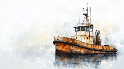 Rusted Tugboat Painting in Watercolor