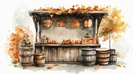 Watercolor Painting: Old Wooden Merchant's Stall
