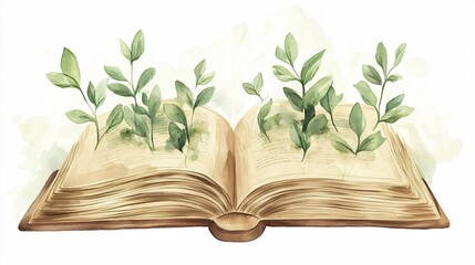 Antique Open Book Watercolor Painting in Green