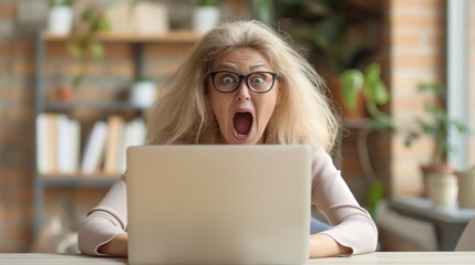Surprised woman with messy hair reacts dramatically while looking at her laptop in a contemporary office filled with plants and books
