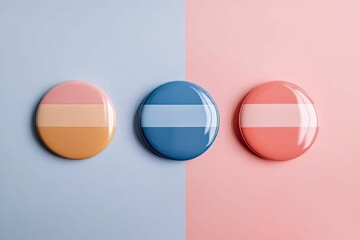 Fototapeta premium Three round, colorful buttons; pastel background.