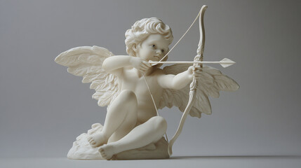 White cupid statue aiming with bow and arrow on gray background