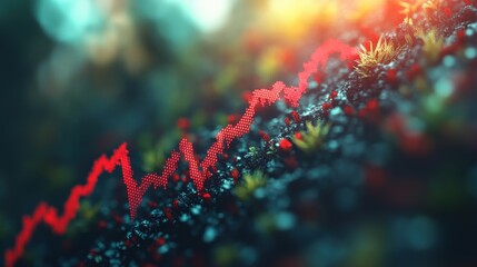 Abstract representation of fluctuating data trends over a colorful, textured background