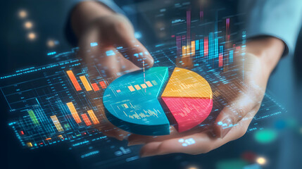 Data analysis in digital form with colorful charts and graphs held by a professional