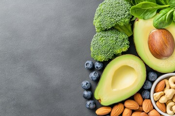 Food banner Healthy foods low in carbohydrates Food for heart health: salmon, avocados, blueberries, broccoli, nuts and mushrooms On a black stone background Top view