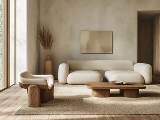 Modern living room with furniture and neutral decorative elements