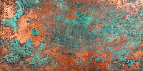 Obraz premium An image of an aged copper metal surface with green oxidation and patches of rust, creating a textured appearance.