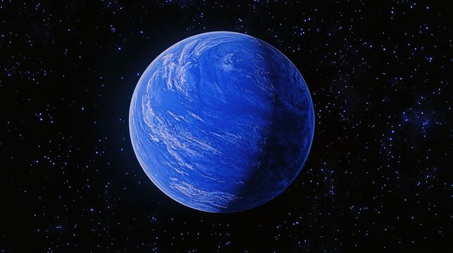 Fictional depiction of a large blue planet in the cosmos, evoking themes of exploration and the vastness of space.