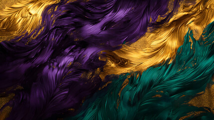 Obraz premium Colorful abstract design featuring purple, gold, and green textures with a shimmering background, mardi gras.