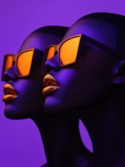 Two stylized female faces with orange sunglasses and purple lighting