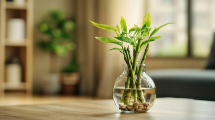 Elegant Green Plant in Glass Vase with Water on a Bright Tabletop