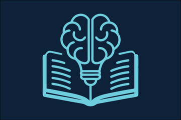 textbook with light bulb and brain outline,  textbook with light bulb and brain vector silhouette, vector illustration 
