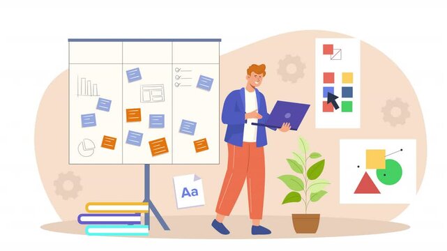 Vector scene animation showcasing a graphic designer in action, designing visuals on a computer, creating digital illustrations, and working through a design process.