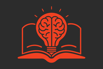 textbook with light bulb and brain outline,  textbook with light bulb and brain vector silhouette, vector illustration 